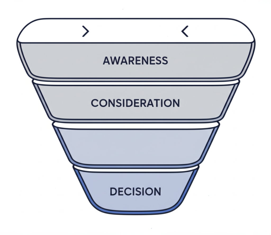 A clean, modern diagram of a marketing funnel showing awareness, consideration, and decision stages