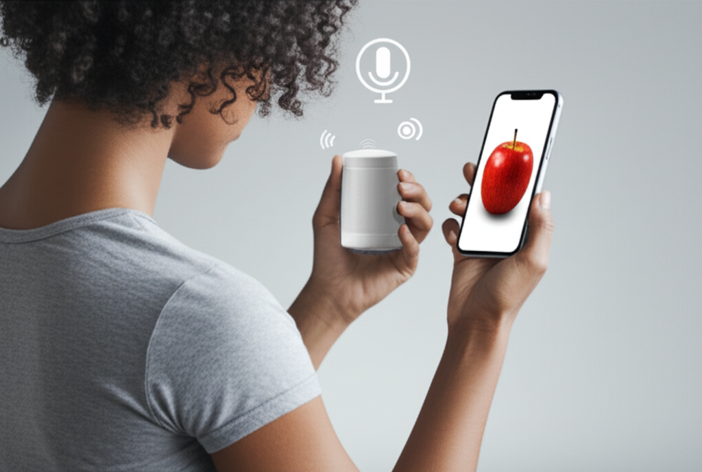 A person using voice search on a smart speaker and visual search on a smartphone